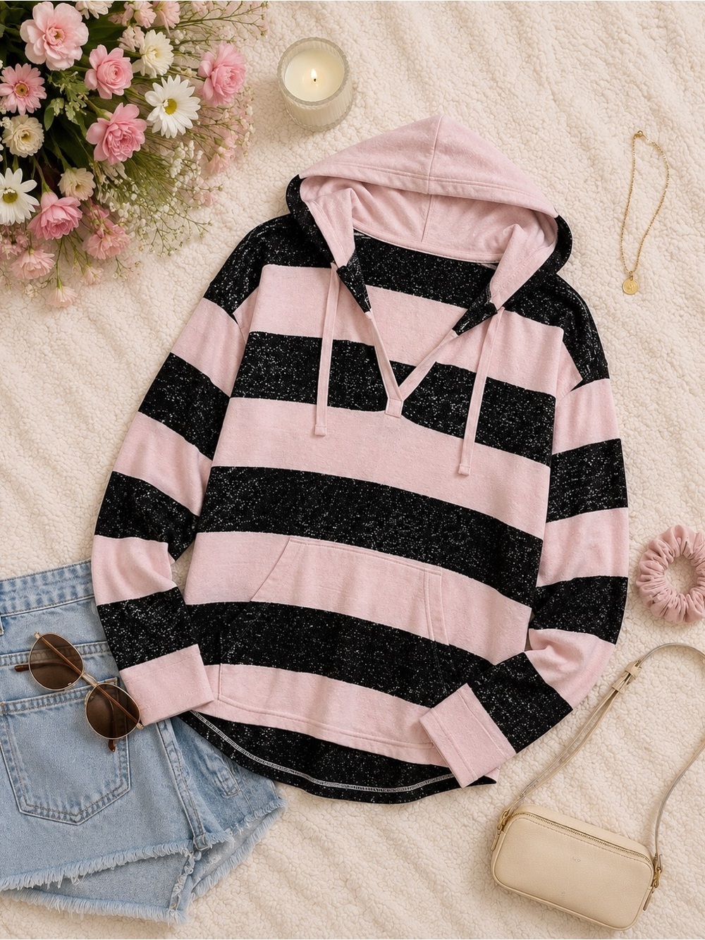 NWT Market & Spruce Brushed Knit Light Pink and Black Striped Hoodie Size Large - Picture 11 of 11